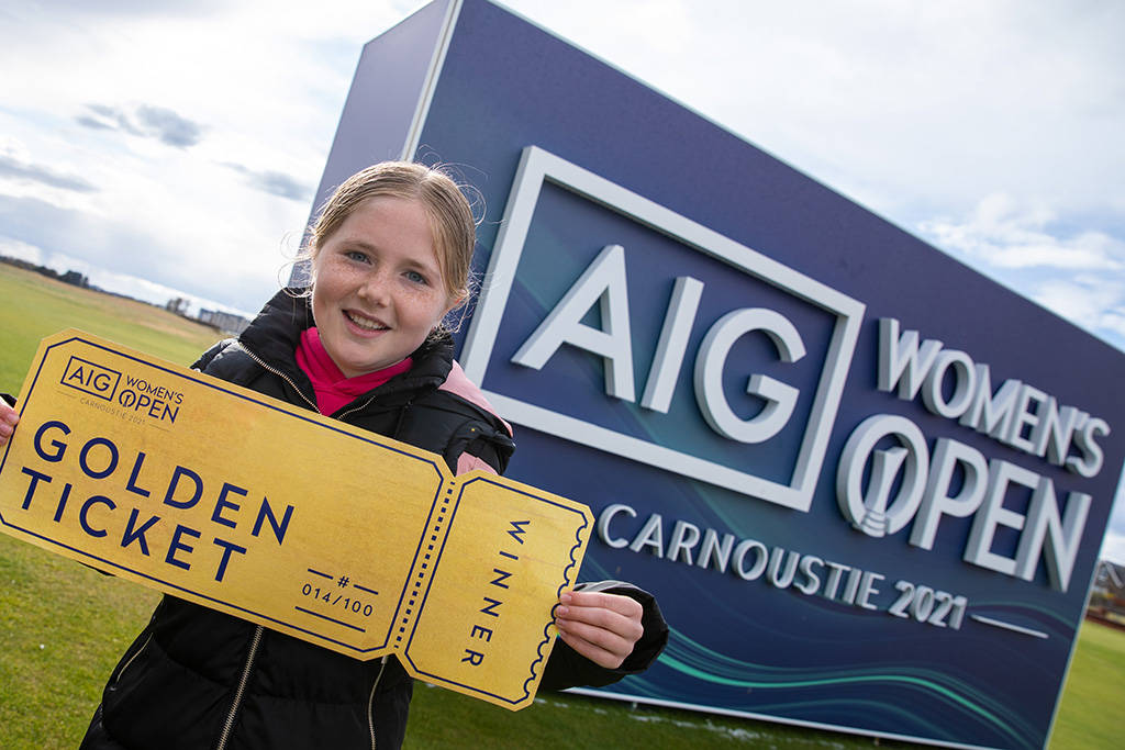 Kirsty of Carnoustie Golf Links with her Golden Ticket to the AIG Women's Open